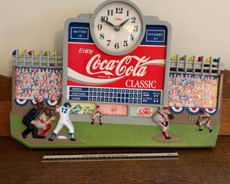 A222 - $30. Enjoy Coca-Cola Clock baseball stadium. Shows some staining on the paint. Slight crack on the clock face.
