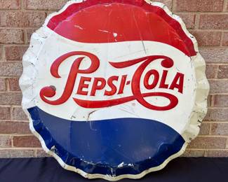 A20 - $500. 1950’s Pepsi-Cola Metal Bottle Cap sign. Measures 29" diameter. M-216 Stout Sign Co. Made in USA N9-012.