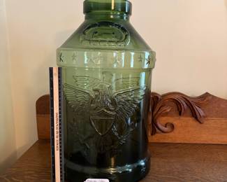 A201 - $85. American Libby bicentennial eagle 5 gallon jug. Green. No chips or cracks noted. Measures.