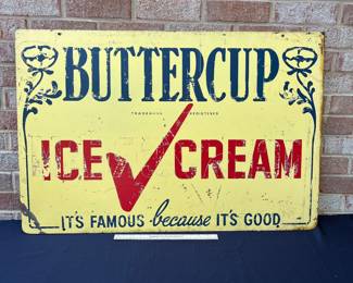 A62 - $450. Double sided Buttercup Ice cream, porcelain enamel sign. Measures 36” x 24”.