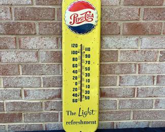 A18 - $225. 1950s Yellow Pepsi metal thermostat. Thermostat works. Measures 7.5“ x 27“.