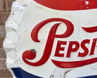 A20 - $500. 1950’s Pepsi-Cola Metal Bottle Cap sign. Measures 29" diameter. M-216 Stout Sign Co. Made in USA N9-012.