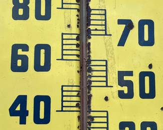 A18 - $225. 1950s Yellow Pepsi metal thermostat. Thermostat works. Measures 7.5“ x 27“.
