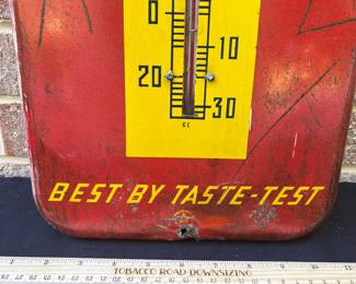 A56 - $85. Vintage Royal Crown Cola thermometer. Measures 10” x 25.5”. Bent and damaged metal on top. Scratches and dents.