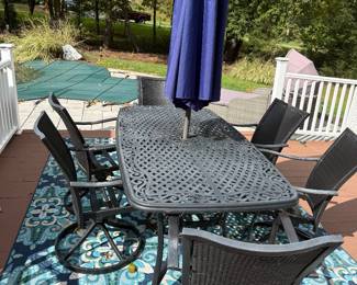 Aluminum table, chairs, umbrella, and umbrella, stand even the rug