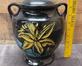 Black glazed vintage jar w raised hand painted flowers
