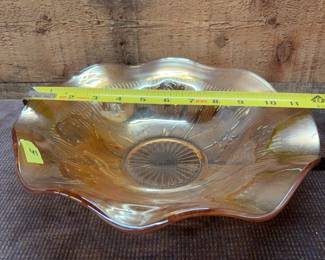 Amber carnival glass ruffled bowl