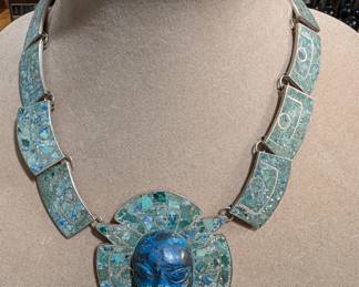 E Brito Mexico Sterling Silver Mosaic Inlay Green Stone Necklace 