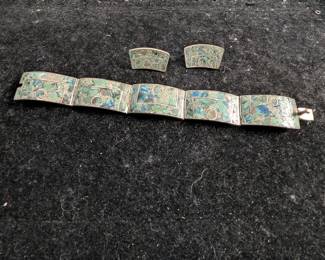 E Brito Mexico Sterling Silver Mosaic Inlay Green Stone Bracelet Earrings 