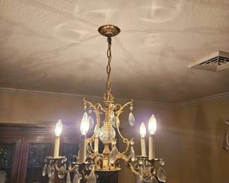 Vintage 5-Light Ornate Brass & Crystal Waterfall Chandelier (Excellent Condition)