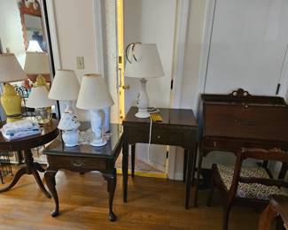 Vintage Lamps with silk shades and side tables