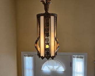 Vintage Gothic / Spanish Revival Style Filigree Pendant Light Lantern – Amber Art Glass