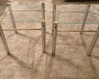 Pair of Glass Top Chrome and Brass Tone Accent Tables