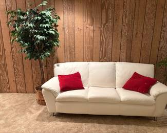 001 Contemporary Cream Sofa with Red Accent Pillows