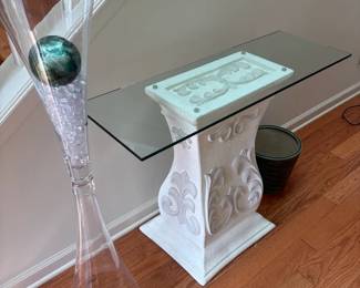 Glass Top Pedestal Table and Tall Decorative Vase