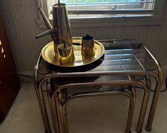  007 Three BrassTone  Smoked Glass Nesting Tables
