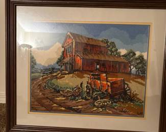 Framed Barn and Wagon Needlepoint Artwork