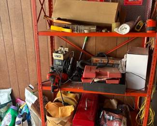 Garage Tool  Supply Lot with Metal Shelving