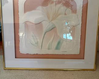 Signed Embossed Lily Artwork in Gold Tone Frame