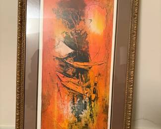 Signed Abstract Boat Scene in Ornate Gold Tone Frame