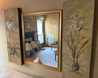 Gold Tone Wall Mirror and Two Floral Art Panels