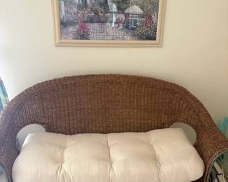  021 Wicker Loveseat with Cushion  Framed Coastal Artwork