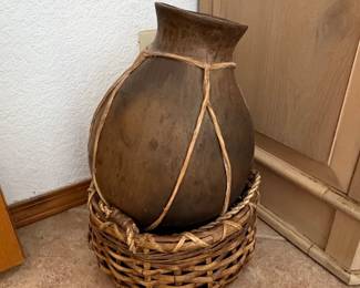 Vintage Tarahumara Pottery Olla with Rawhide Lashing and Basket Base