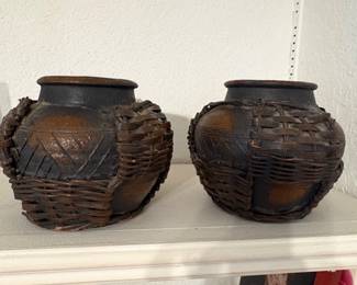 Pair of Southeast Asian WovenWrapped Earthenware Jars