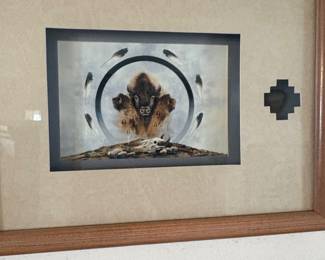 Native American Style Bison and Feathers Framed Art