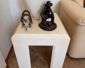 Western Cowboy Figurine, Vintage Spurs, and Tessellated Stone Side Table