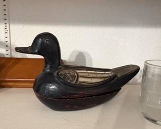 Vintage Black Lacquered Wooden Duck Trinket Box with Inlay