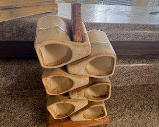 Vintage Rodolfo Padilla Stacking Ceramic Mug Set with Wooden Rack