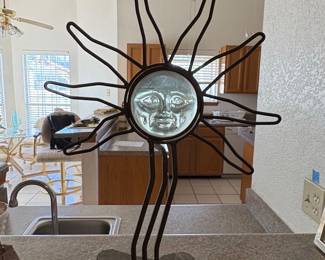 Vintage Wrought Iron and Glass Sun Face Candle Holder