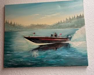 Original Oil Painting of Bass Boat on Lake