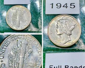 1945 MINT STATE FULL BANDS MERCURY SILVER DIME