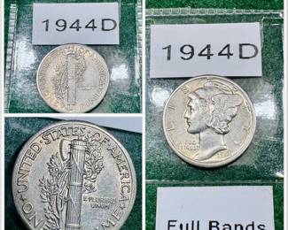1944D MINT STATE FULL BANDS MERCURY SILVER DIME