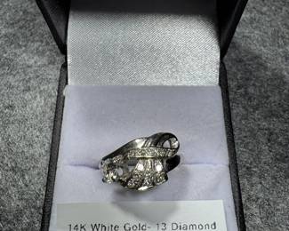14K WHITE GOLD & 13 DIAMOND BYPASS RING- OVER 1 CARATDIAMONDS