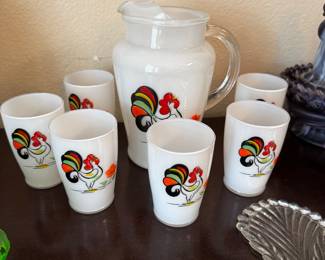 Vintage Bartlett Collins Proud Rooster Hand Painted Glass Pitcher & Glasses