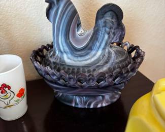 Imperial Glass Rooster Covered Dish Slag Glass