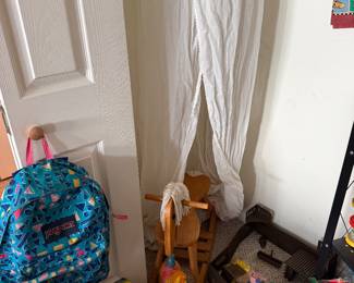 Vintage rocking horse Amish style, canopy, puff, backpack