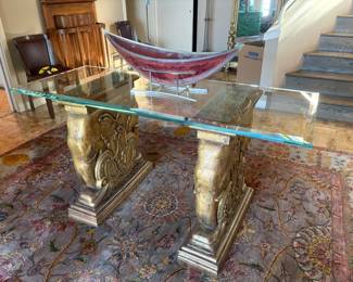 Antique India carved teak and gilded table bases with thick glass top