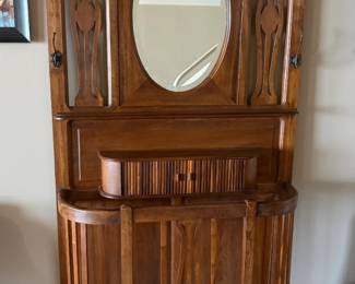 Mahogany Edwardian hall stand with beveled mirror, 6 hooks, umbrella receptacle and small shelf