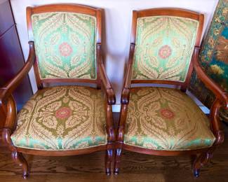 Mahogany French Empire Chairs. Silk upholstery. Beautiful & pristine pair