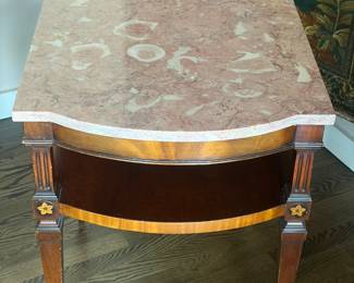 Antique French side table, Napoleon III era, pink marble top, marquetry embellishments