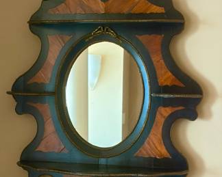 Antique Napoleon III rosewood vanity mirror with beveled glass, stepped shelves and ornamental accents