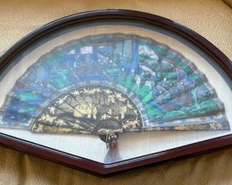 Antique 19th C Chinese Export "Thousand Faces" fan with intricate carved sticks and hand painted silk