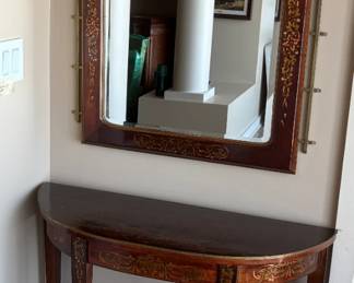 Antique marquetry demilune table with matching mirror