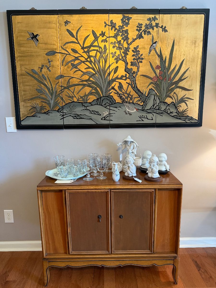 Hand painted 4 panel vintage Chinese wall screen with brass hardware