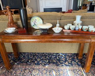 Ming Style Sofa Table with Glass Inserts and Brass Corner Wraps