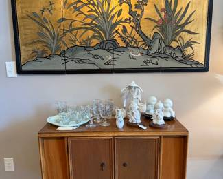 Hand painted 4 panel vintage Chinese wall screen with brass hardware